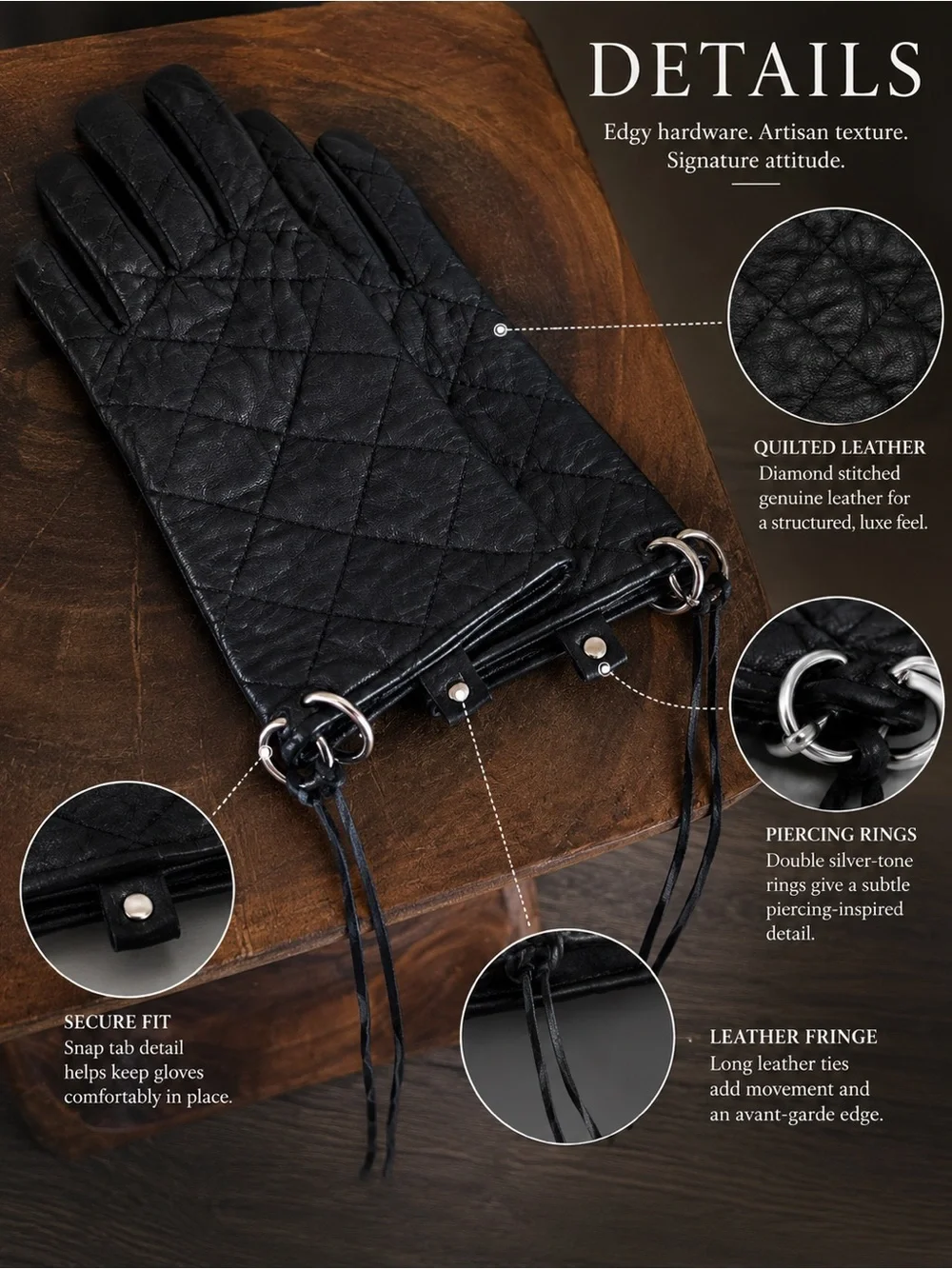 Avant-Garde Quilted Leather Gloves with Pierced Ring Cuffs & Leather Fringe